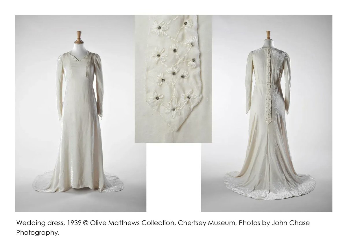 ChertseyMuseum's tweet photo. #FridayFrocks β an elegant 1939 #WeddingDress of bias-cut white rayon velvet. It is decorated with embroidered daisies and paste stones. #SpringBride #1930sFashion Photos @johnchasephoto https://t.co/fmRDWRLRIT