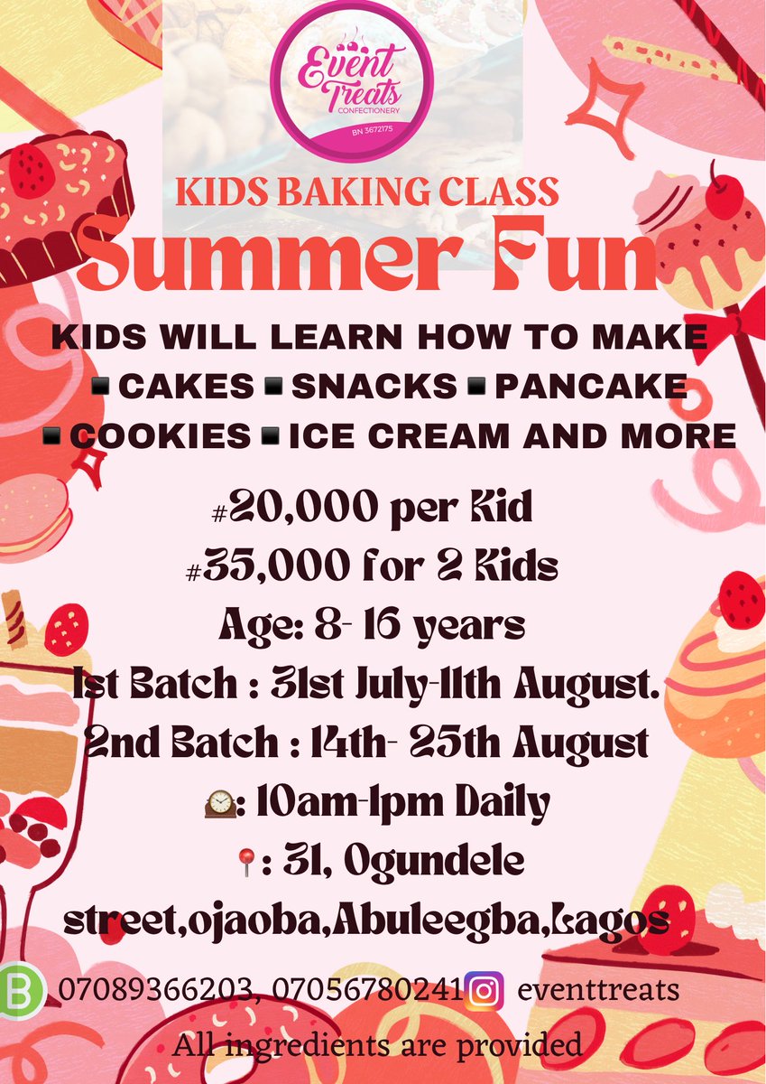 Do you know your can gift your little loved ones skill knowledge? 
Yes, you can🤙🤙🤙

It doesn’t have to cookies, candies, shopping etc. 

you can gift them our summer baking class and they will forever cherish the memory of their first baking class..

wa.me/message/JQ7EWD…