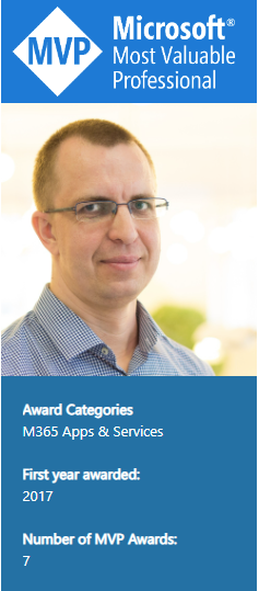 Posedmé jsem obdržel prestižní ocenění MVP od Microsoftu. 
Děkuji všem za dotazy a sledování mého webu.