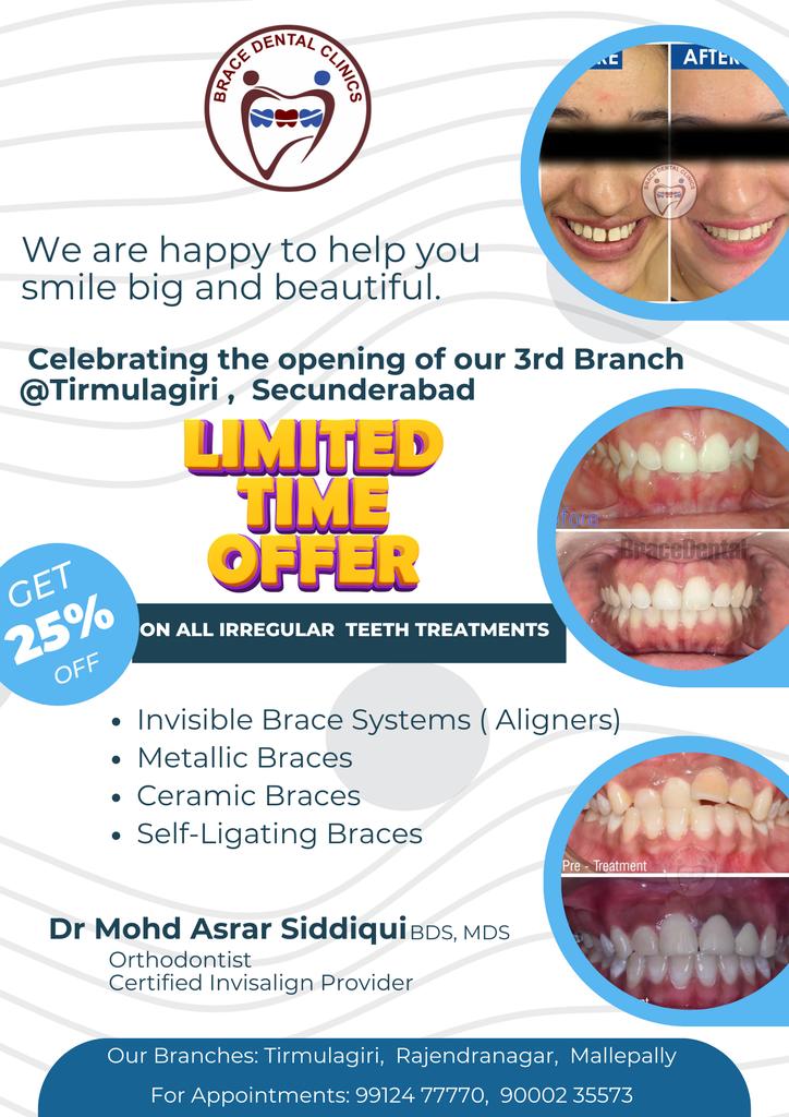T6 - Get #unbelieavable 25% Off on all Orthodontic Treatments at #bracedentalclinic #tirumalagiri #secunderabad 

Discounts on #invisiblebraces #aligners #invisalign #clearaligners #illusionaligners #dentist #dentalclinic #Hyderabad