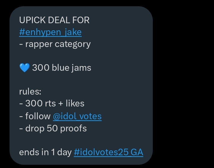 UPICK DEAL FOR #enhypen_jake
- rapper category

💙 300 blue jams

rules:
- 300 rts + likes 
- follow @idol_votes
- drop 50 proofs

ends in 1 day #idolvotes25_GA

#ENFuelUp #ENVOOSTERS #ENHARTS_DEAL