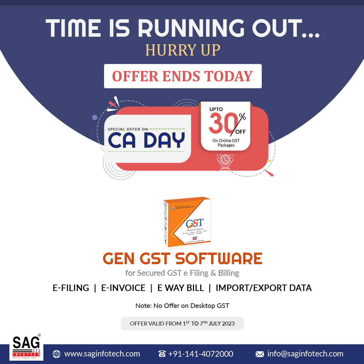 SagInfoTech's tweet photo. Hurry Up! Today is the Last Date for CA Offer. 30% Off on GEN GST Software.
Get the Demo Here: https://t.co/LEMJ90vcH3
#GENGST #Software #Offer #Discount #SAGInfotech https://t.co/MRNfBDNj56