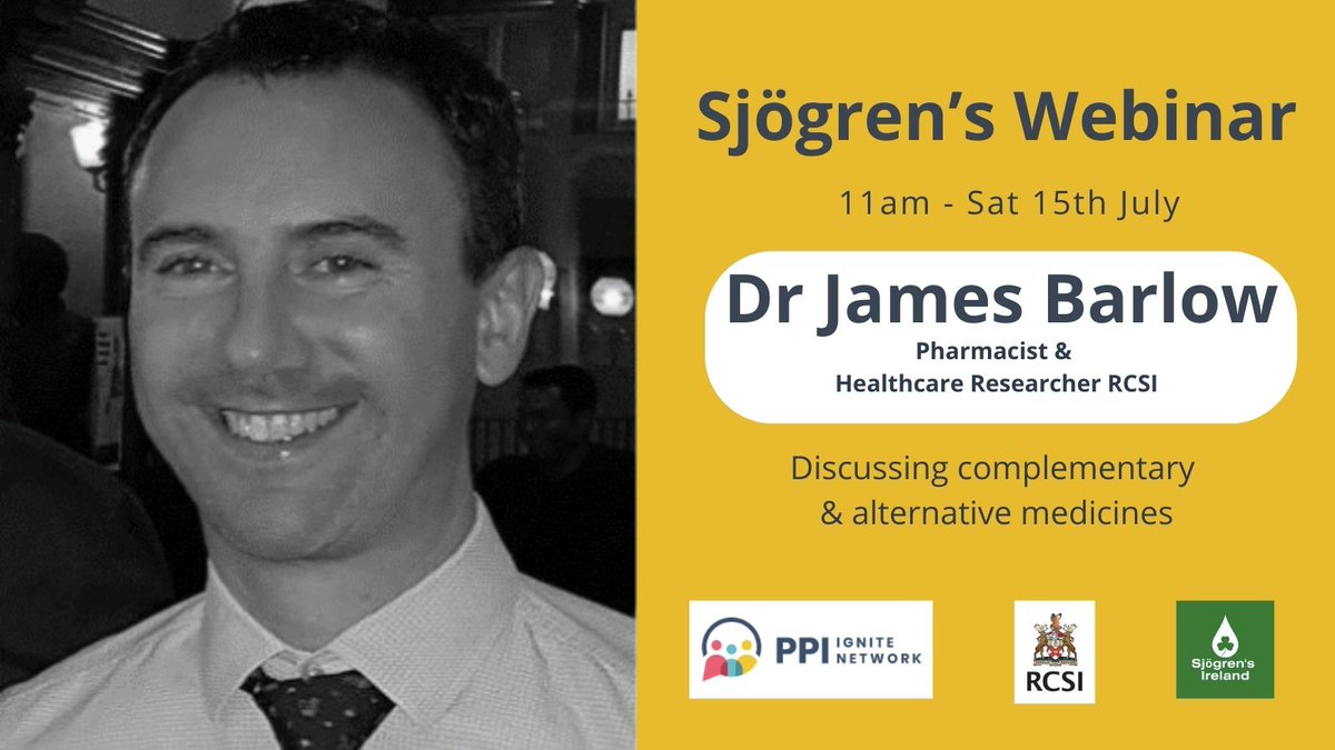 On July 15th Dr James Barlow @RCSI_Irl will discuss the importance of understanding the quality, safety and efficacy of complementary & alternative medicines (CAM) and how they compare to conventional medicines 

Register: t.ly/Ydqd

#RCSIDiscover @SjogrensIrl