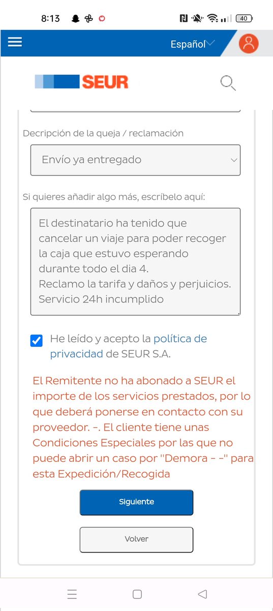 palomi84's tweet photo. @SEUR_responde @SEUR me tenéis hasta el mismísimo higo! 
No tenéis vergüenza ni quién os la ponga.
Enserio que no puedo poner una reclamación por no haber pagado??
@FACUA qué puedo hacer al respecto? https://t.co/dpEFGUUbuO