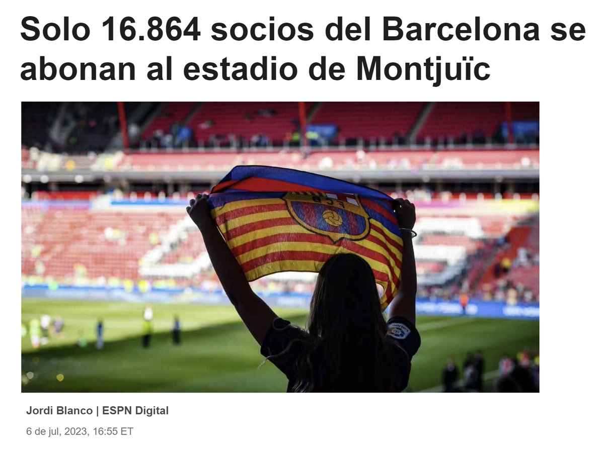 Boncopdefail's tweet photo. 16.864 abonats a Montjuïc de 143.000 socis. Un 11,8%.

L'objectiu eren 27.000 (un 18,9% dels socis) amb un aforament de 49.000.

La mitjana d'assistència al Camp Nou la temporada passada va ser de 83.000 espectadors amb un aforament de 96.000 des del desembre.

Tenim un problema. https://t.co/9aXsBibRyi