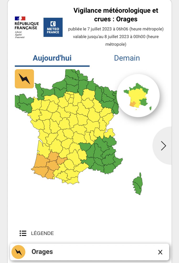 🟠🌩 <a href="/meteofrance/">Météo-France</a> place les Pyrénées-Atlantiques en #vigilance orange orages aujourd'hui à partir de 17h jusqu'à demain minuit au moins. 
🏔 Tout le département est concerné 
🌬 Violentes rafales de vent jusqu'à 110 km/h 
🌧 Risque de fortes chutes de grêle