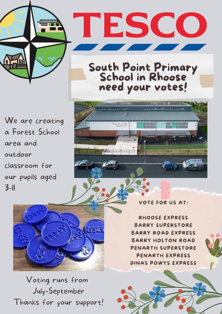 We are creating an outdoor learning space and Forest School area at South Point Primary School and we need your votes! Pop a blue token in our voting box in local Tesco stores. 

Voting opens this week! Thanks for your support. #Rhoose #Barry #Penarth #DinasPowys #ValeofGlamorgan