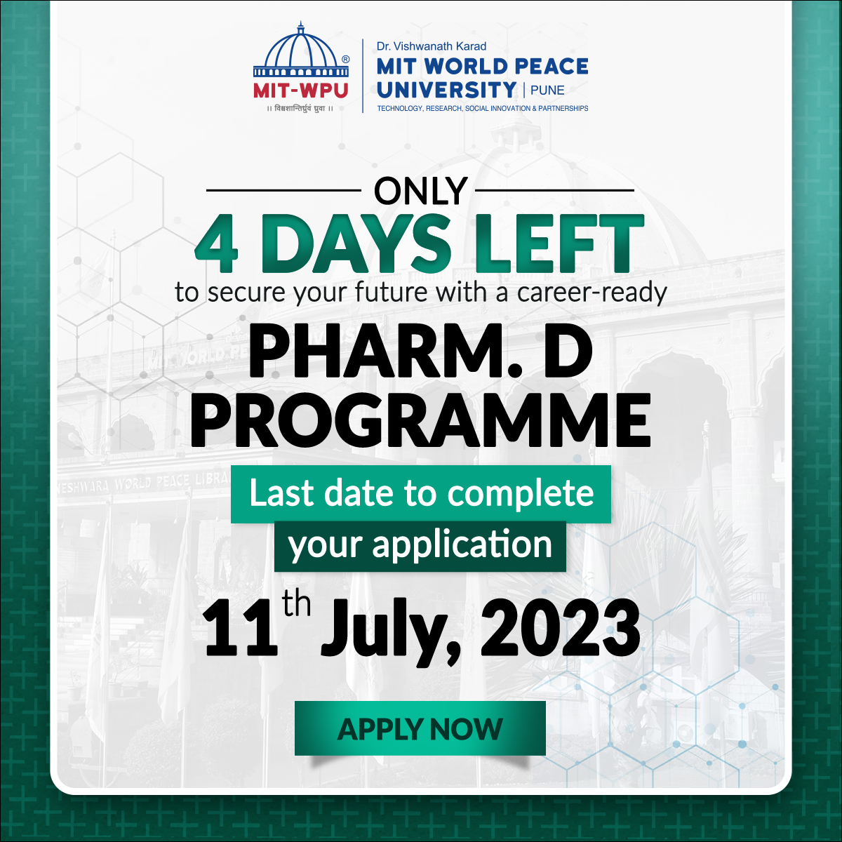 vidyavision_com's tweet photo. Only 4 Days Left to secure a spot in a career-driven Pharm.D Programme. Last date to complete your application is 11th July 2023.
Apply Now: https://t.co/XZMki5dX6E
#mitwpu #mitpune #wordpeaceuniversity #bba #bbaprogramme #bbaadmission #admissionopen https://t.co/YabNdv7zMF