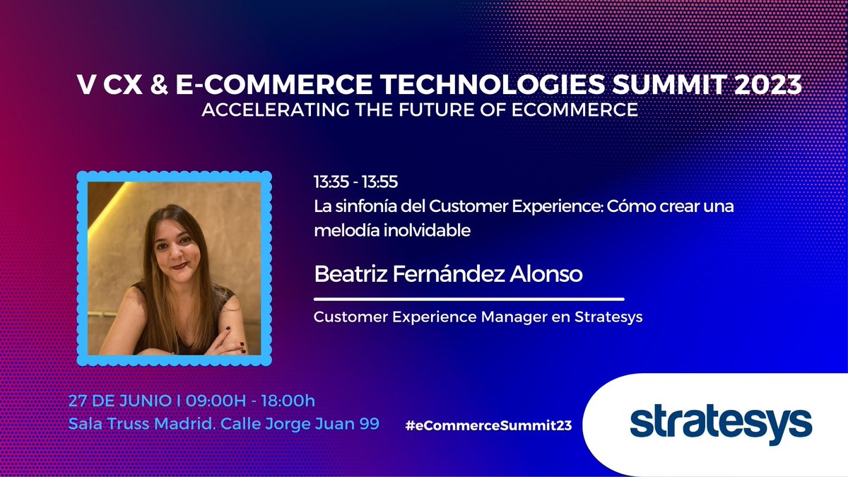 UrbanEventMkt's tweet photo. 🔵 Si no pudiste asistir a nuestro V #eCommerceSummit23, ¡no te preocupes! Ya tenemos disponibles todas las ponencias, suscríbete a nuestro canal de YouTube y disfruta de ellas 😉
En la de Beatriz Fernández Alonso, #CustomerExperience Manager de @stratesys hablamos de cómo orquestar #estrategias para personalizar interacciones, establecer conexiones emocionales y superar las expectativas de los #clientes 👉 https://t.co/VWMgcaolYf
¡Una charla que es música 🎶🎵 para tus oídos👂... y los de tus clientes!
ℹ Consulta más información sobre nuestros #eventos en https://t.co/5Lnxcjth3b