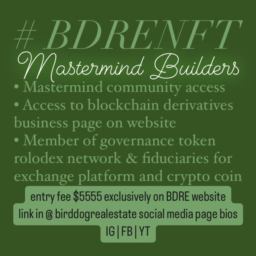REIBirdDog's tweet photo. Subscribe to our website, linked in bio

#bdre #bdrenft #BDREIT #birddogrealestate #realestate #realestateinvesting #wealth #billionaire #realestateinvestor #property #REI #nft #nfts #nftproject #blockchain #distributedledgertechnology #DLT https://t.co/PJMYeyMr9x