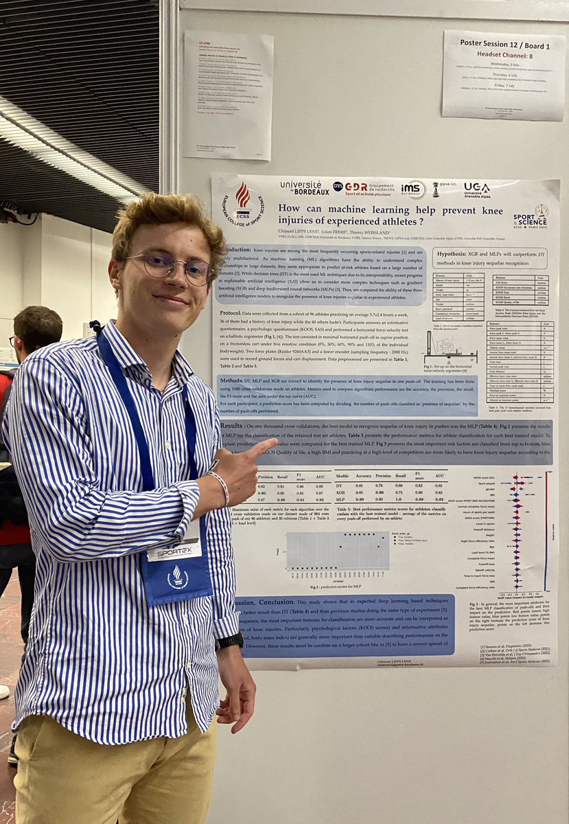 Really happy to have presented the first part of my PhD at <a href="/E_C_S_S/">ECSS</a> yesterday! Machine Learning has a lot to give to help us understand knee injuries!
Interesting talk with the chairs and the other researchers present thanks! 

Let’s go for the final day of #ECSS2023 💪🏼
