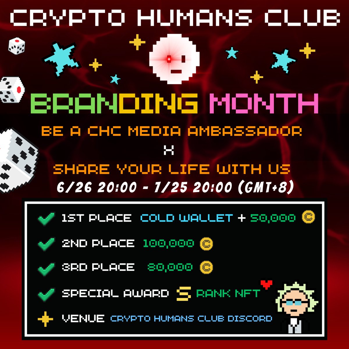 Attention all friends! 
The Crypto Humans Branding Month is now open for everyone to join and win exciting prizes!  

🎁Rewards: 
🥇First place: Receive a cold wallet and 50,000 CHC tokens. 
🥈Second place: Receive 100,000 CHC tokens. 
🥉Third place: Receive 80,000 CHC tokens.