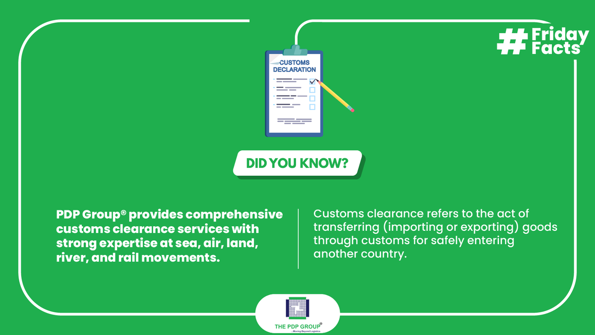 ThePDPGroup's tweet photo. It's time for another PDP #FridayFact! We are proud Customs Brokers and we are providing our services at all available routes, be it sea, air, land, river and rail!
#lifeatPDP #PDPian #customsbroker #logisticsindia #indiancustoms #FridayFacts #pdpians https://t.co/7dVQUtFHDT