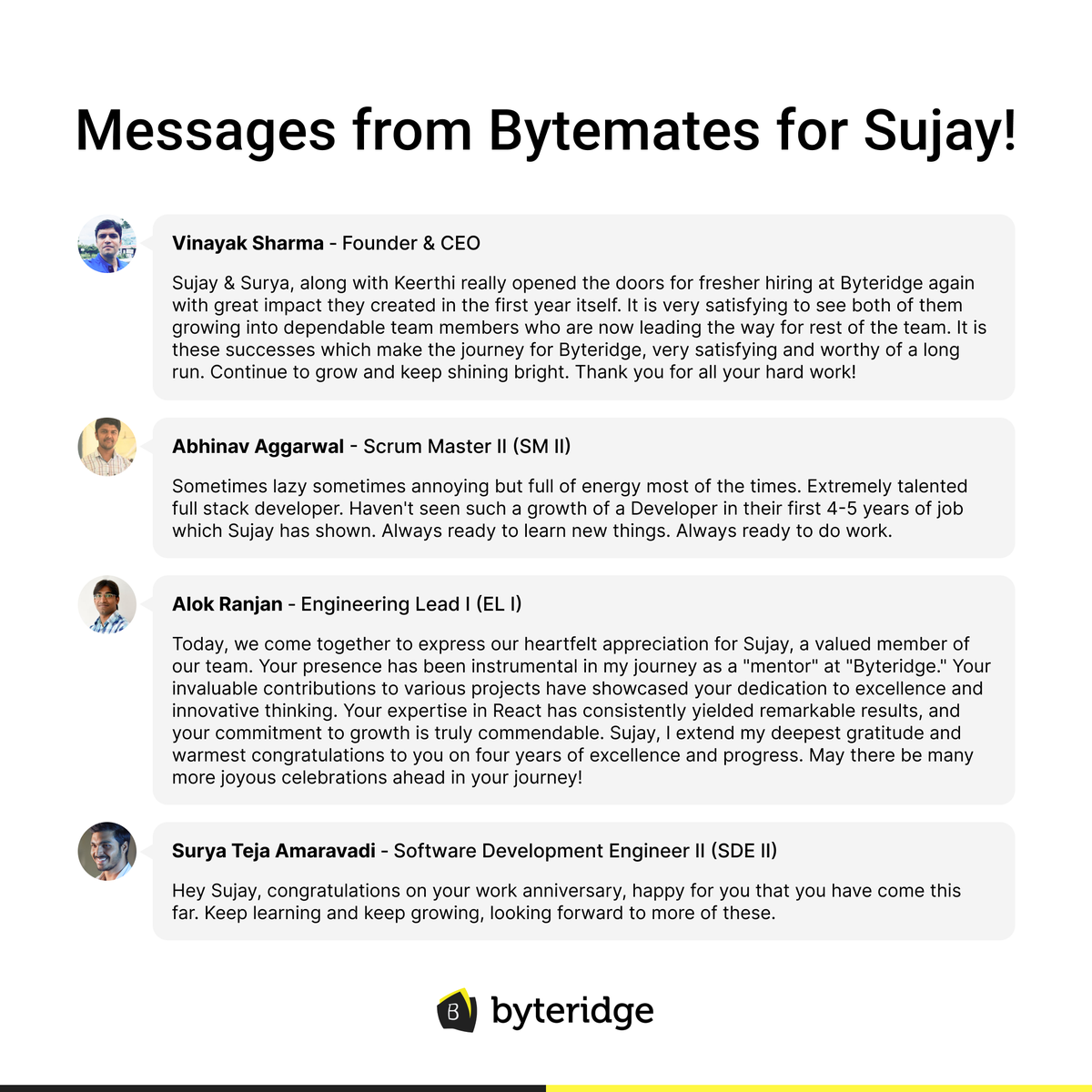 byteridge's tweet photo. π Four years of dedication, growth, and success! Join us in congratulating Sujay, our exceptional Bytemate, on accomplishing the fantastic feat of completing four amazing years with #Byteridge!π₯³β¨
#celebration #success #milestone https://t.co/fclVt2rjZQ
