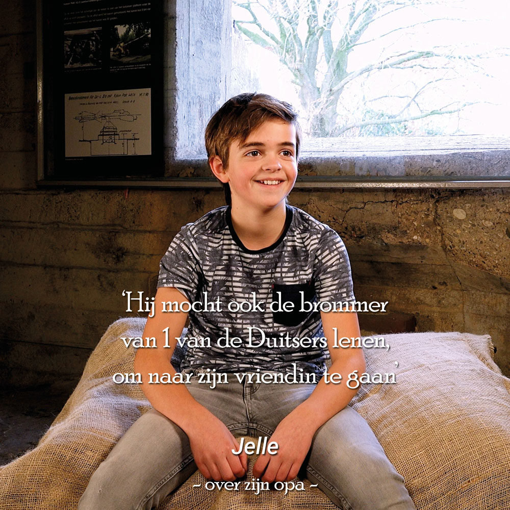 Jelle over zijn opa: "Hij mocht ook de brommer van een Duitser lenen om naar zijn vriendin te gaan."

Kinderen in de Bunker is een project waarin kinderen praten over oorlog, conflict, familieverhalen, plekken in de buurt en herdenken. Meer info via bit.ly/3XWK5E7