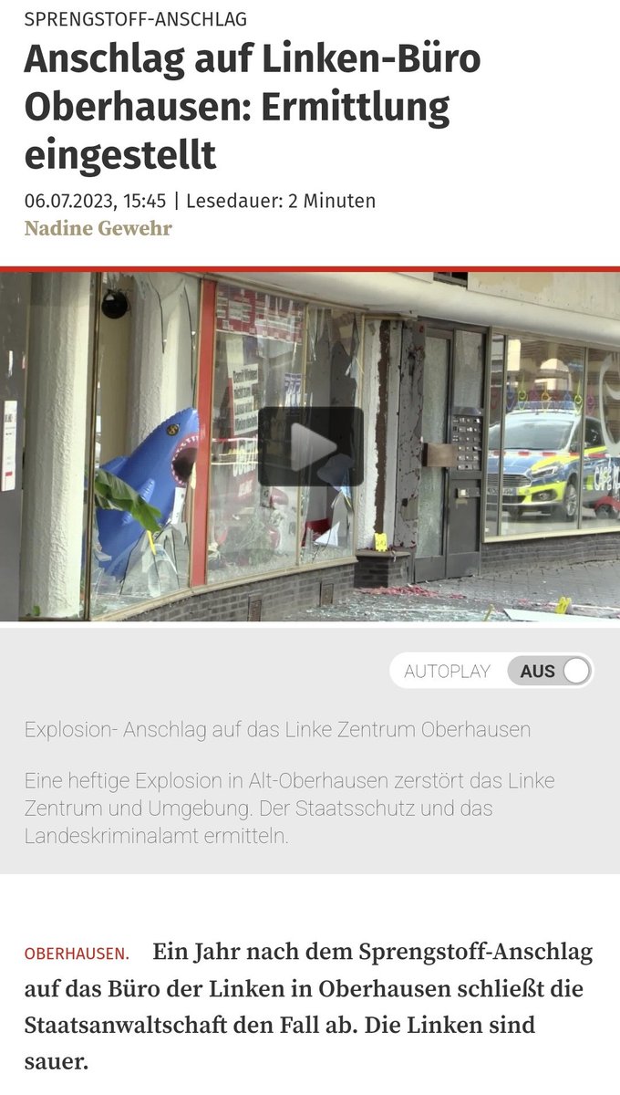 Vor einem Jahr fand ein Sprengstoffanschlag (!) auf unser Büro in #Oberhausen statt. Jetzt wurden die Ermittlungen seitens der Polizei eingestellt. Offenbar ergebnislos.
waz.de/staedte/oberha…
