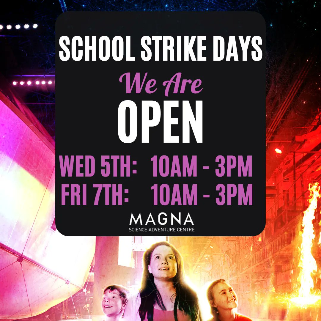 MagnaScience's tweet photo. We are open today from 10am - 3pm. There's lots to see and do at Magna - indoors or outdoors, come and explore!

Aqua-Tek will be open 10:30am - 3pm

Don't forget, if you have an annual pass your entry is FREE!!! https://t.co/c9xBF5ofo4 

#magnascience #visitmagna #mymagnaevent https://t.co/BEwELVhhID