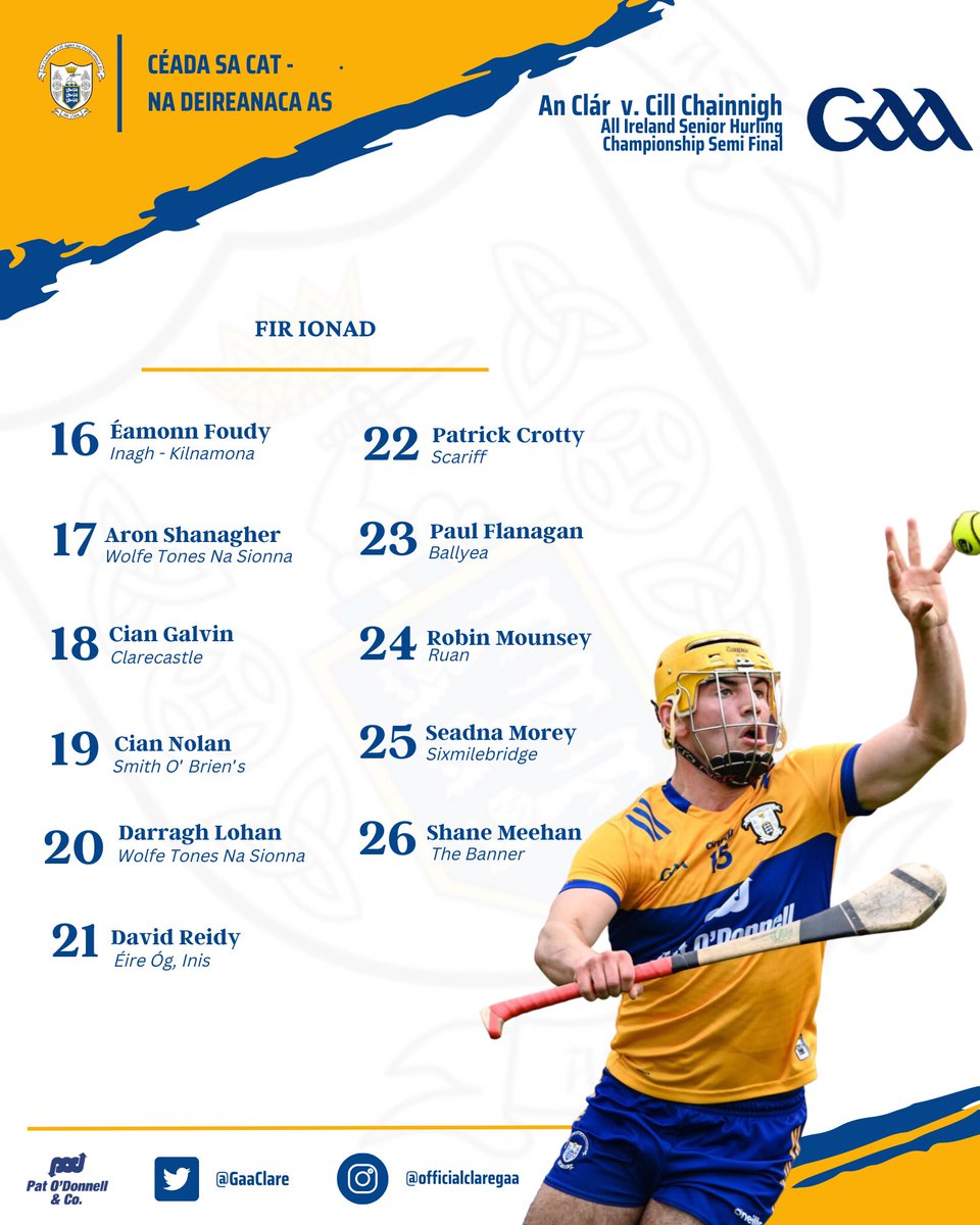 The Clare side who face Kilkenny in Sunday’s All Ireland Senior Hurling Championship Semi Final. Throw in at Croke Park is at 4pm . The very best of luck to the squad and management.  #UptheBanner