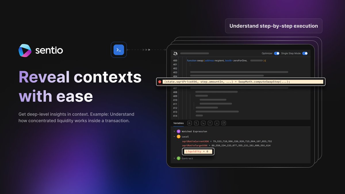 Super excited to introduce you our major product launch - Sentio Debugger! The first ever single-stepping debugger in web3 world 🏆! Sentio Debugger aims to help developers and degens to dive deeeeeep into the how a transaction works step-by-step.