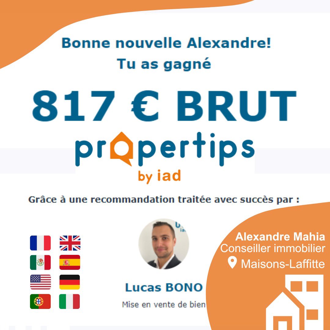 MahiaImmo's tweet photo. Connaissez-vous #Propertips ?
C'est l'application qui va vous faire gagner de l'argent grâce à votre bouche à oreille 🤩

➡️ Je m’inscris sur Propertips : https://t.co/Z1cdSVAuov

🔜 Alexandre Mahia - Conseiller iad France à #MaisonsLaffitte ☎️ 07 68 75 98 91

#argent https://t.co/FhEWFAh4Ka