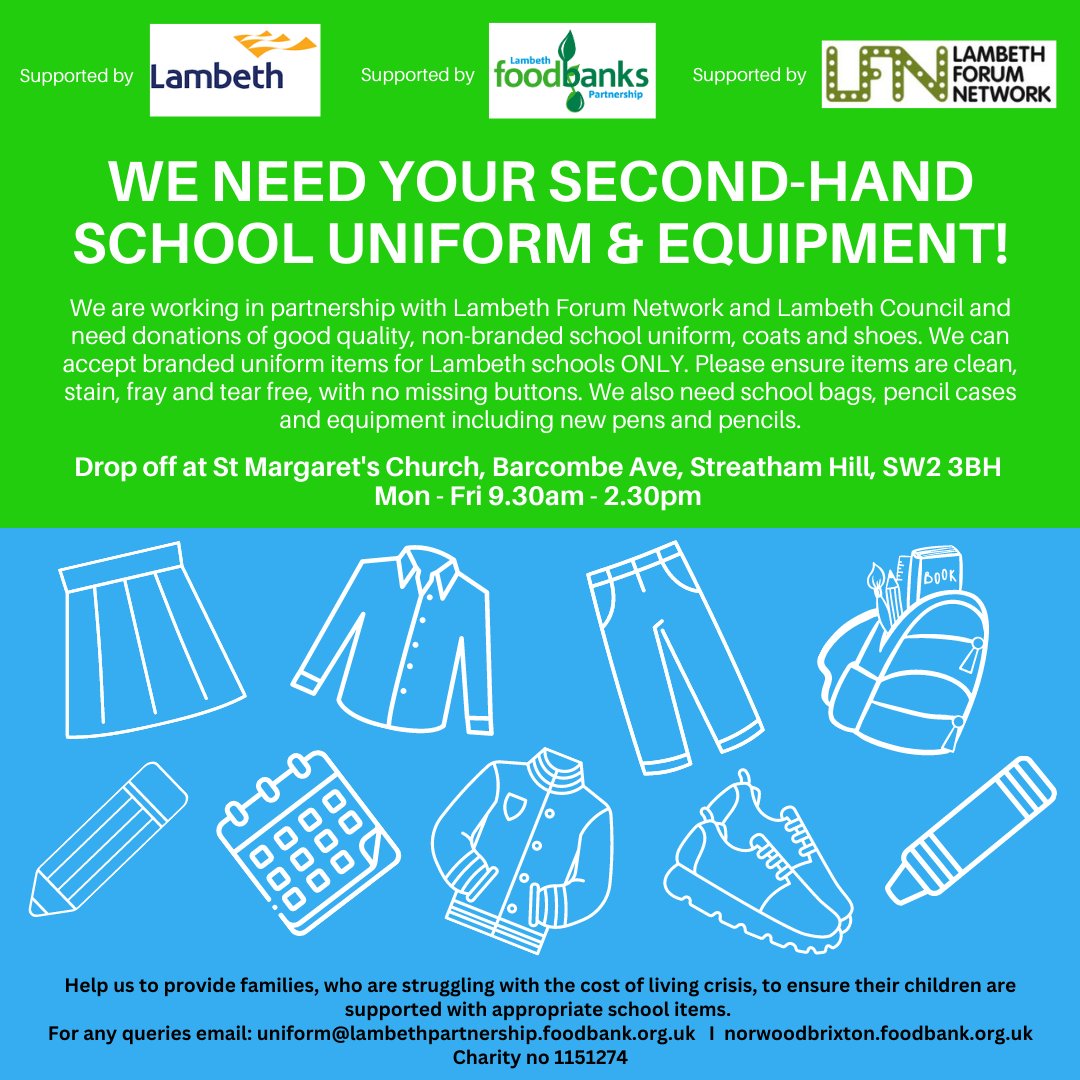 Are you sorting and getting rid of any school equipment 🎒 ✏️ or uniforms? The @foodbankNorwood are collecting for families who are struggling with the cost of living crisis. More information 👇