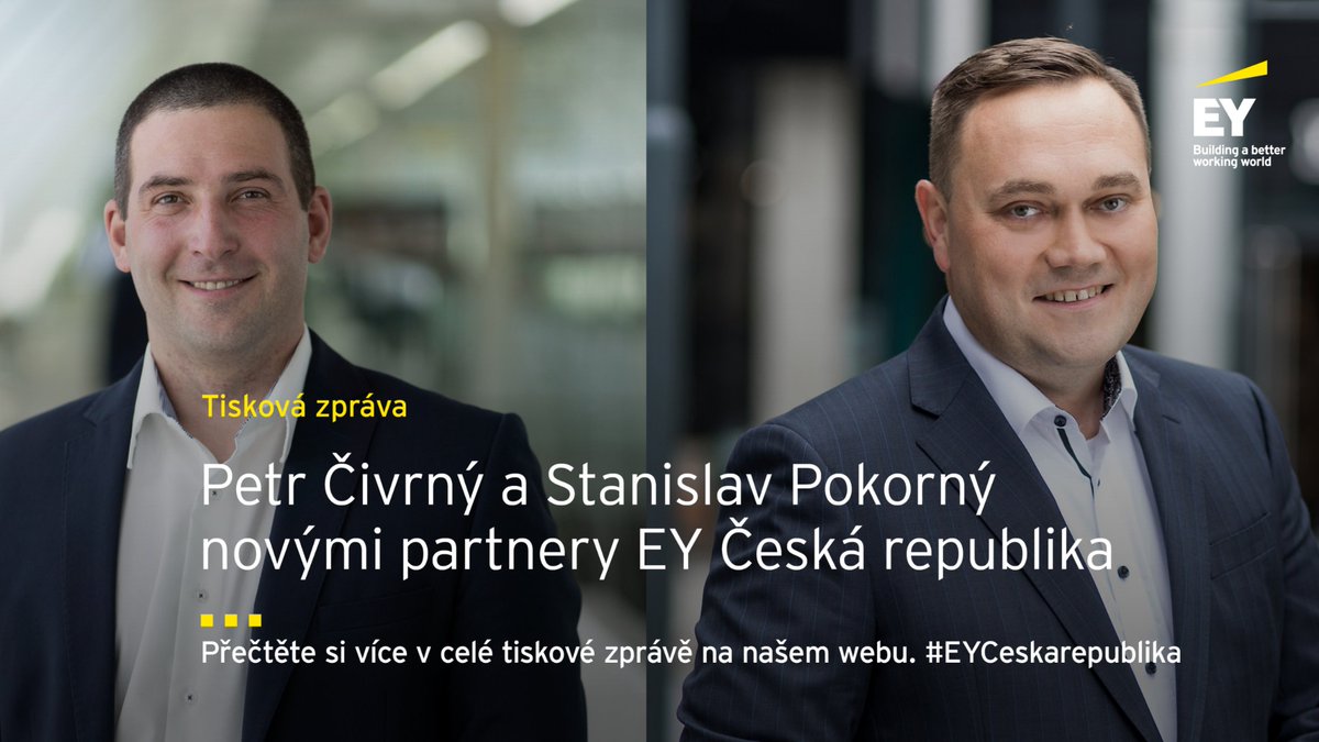 EY_CeskaRep's tweet photo. Novými partnery EY Česká republika jsou Petr Čivrný a Stanislav Pokorný.
Více informací o jejich dosavadní kariéře si můžete přečíst zde: https://t.co/4o1XHMH4ej
#EYCeskarepublika #EYConsulting #EYTax https://t.co/shr2N7ibEa