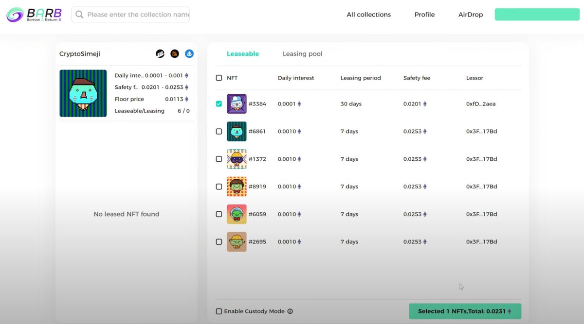 Barbnft_io's tweet photo. 3. Select NFT(s) to Borrow and Submit

Enter the collection and here displays all leaseable NFTs of this collection,  select single or multiple NFTs at a time. Then, click the right-down button below to submit. Total amount of your fee will be summed up automatically. https://t.co/Lj5chptTBo