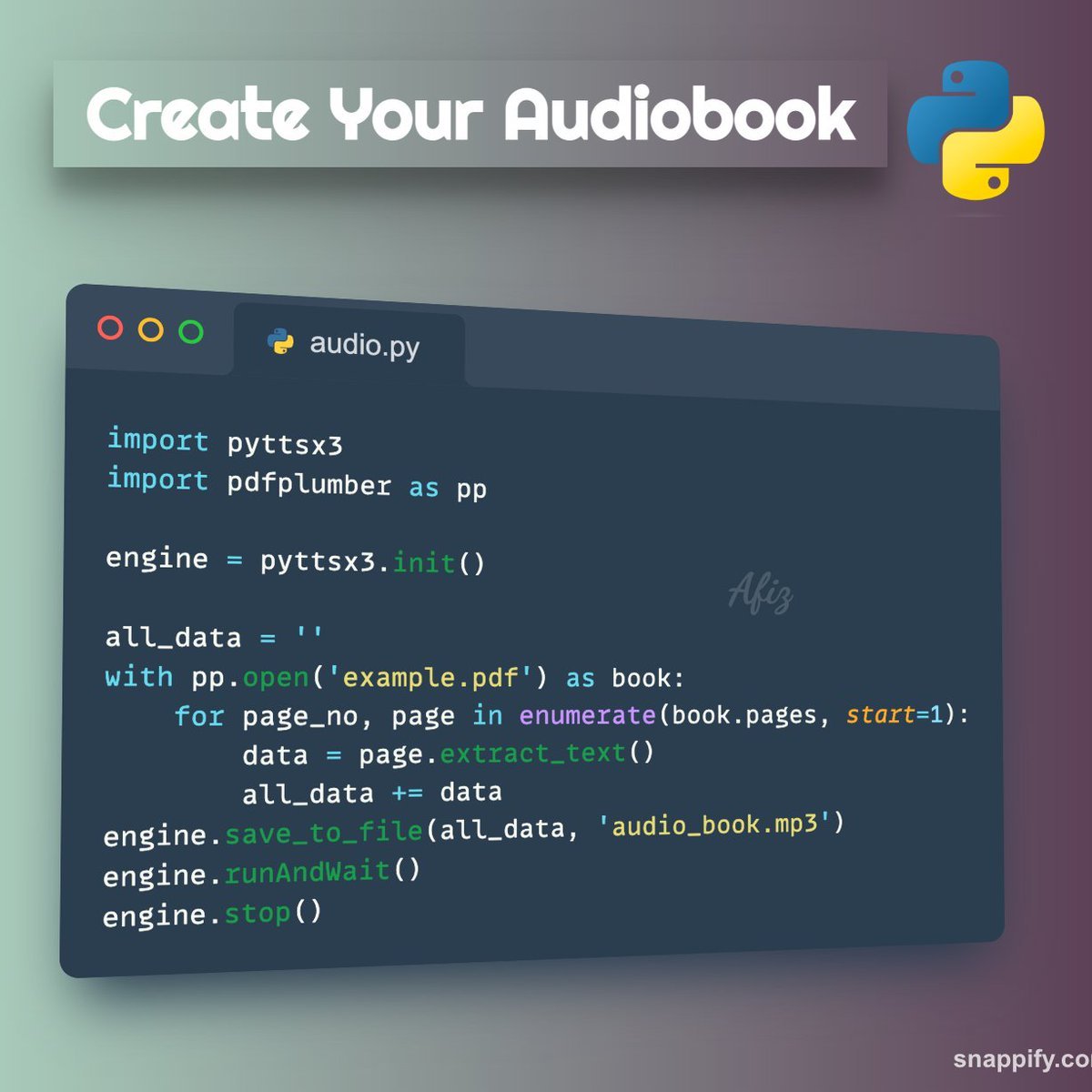 python_spaces's tweet image. Convert PDF files into an Audiobook using Python!   

You can convert any PDF file into an Audiobook with just a few lines of Python code. Find the source code in the 2nd tweet.  

A Thread 🧵👇