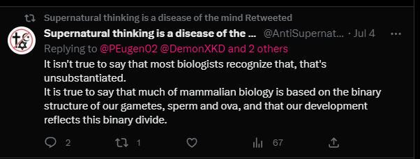 Bad__Kittie's tweet photo. Gender critical people can't accept established facts. Fact there are 4 factors in biological sex. Sex is not binary, if it was there wouldn't be intersex people that defy the binary. Take this guy who read something somewhere once by a gc person and can't get past facts. https://t.co/xERjd8XPyt