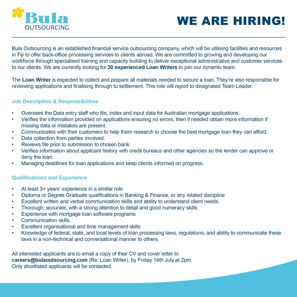 BulaOutsourcing's tweet photo. Are you interested in joining our Bula family?

Do you have the ‘’Bula Spirit?’’ Then we would love to have you part of our team!

Vacancy Post 019/2023 – Loan Writer https://t.co/iHVYnxy34V