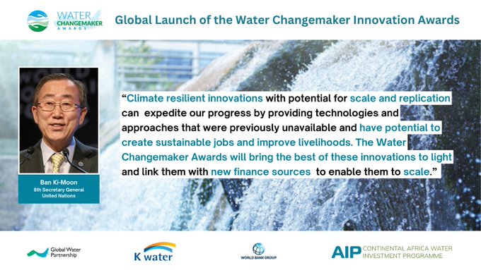 GWPSAF's tweet photo. Applications for the #WaterChangeMaker Innovation Awards 2023 were opened during the kick-off of Asia’s largest gathering on water, the International Asia Water Week in South Korea.

Hon. Ban Ki-moon urges innovators with potential for scale to apply here: https://t.co/QJ6TH7ppiH https://t.co/F2Ck3eiGQC