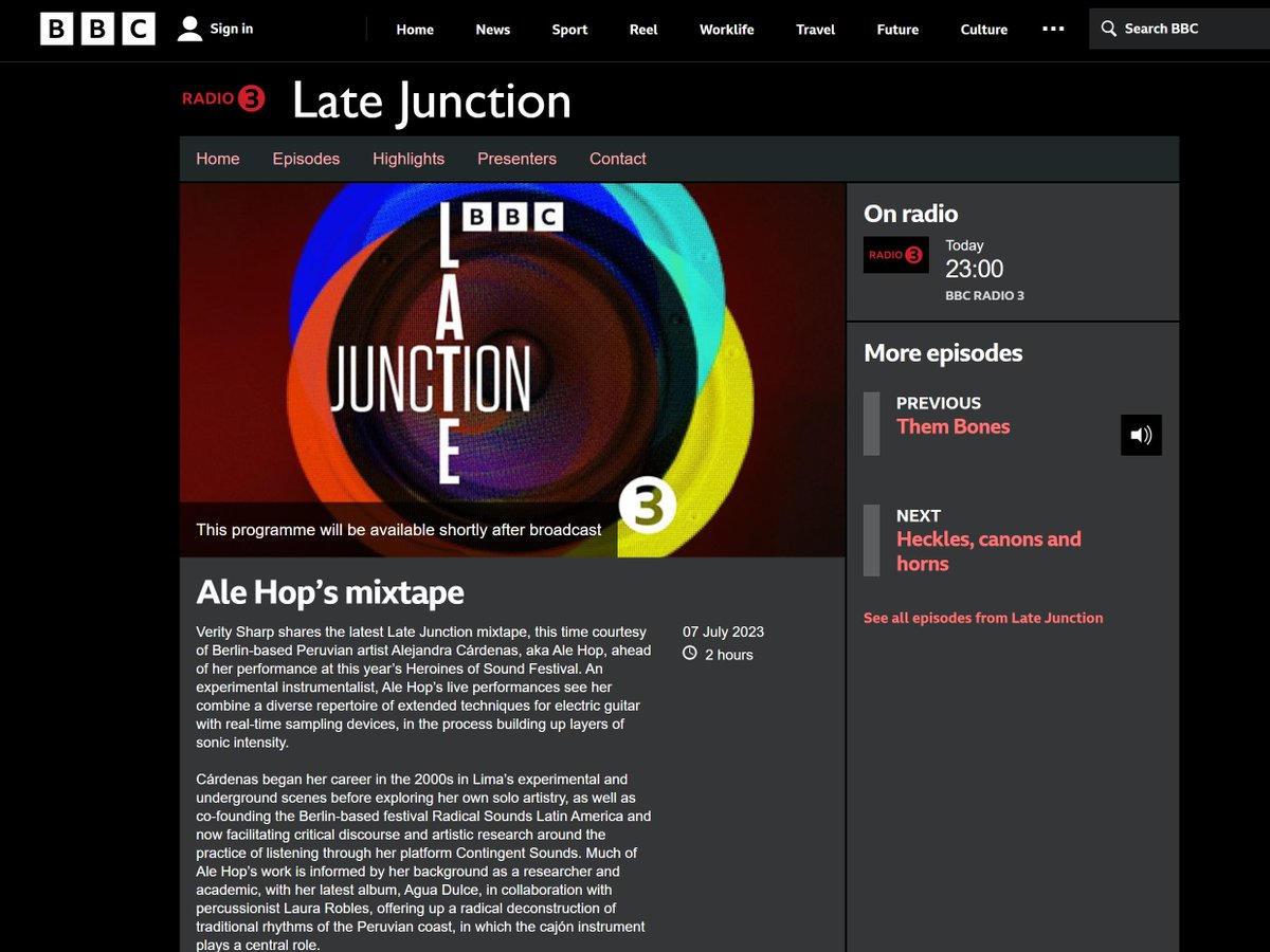 Catch tonight at 23hrs (UK time) midnight in Berlin, on @BBCRadio3 #LateJunction @reducedlisten
an interview I did talking about my work and upcoming performance at @HeroinesOfSound this Sunday, and also sharing a mixtape I put together for the broadcast.