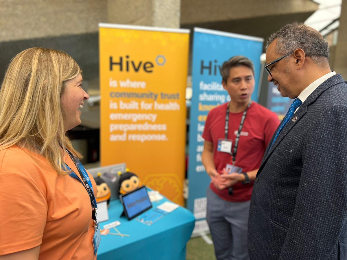 draljubi's tweet photo. The WHO Hive team is presenting at the #AIforGood Global Summit. Yesterday we had a special visitor, our DG @DrTedros 
The Hive is a digital space that fosters community-centered solutions for health emergency preparedness and response. #AIforHealth #healthemergencies #community https://t.co/1T2L05KfVQ