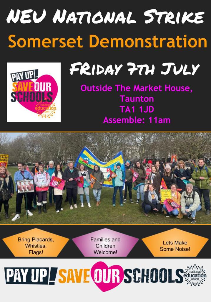 TODAY: join us for our district wide rally to demand this government #PayUp and #SaveOurSchools! 

📌 The Market House, Taunton. 
🗓 Friday 07/07/2023
🕑 11:00 am 

#PayUp #EnoughIsEnough  #saveourschools #funding #edutwitter #Somerset