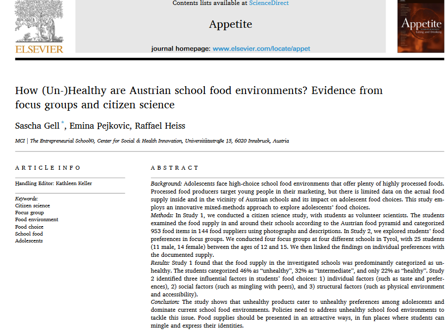 📢New Study: How (un)healthy are #Austrian school food environments?  Quite unhealthy. Young citizen scientists classified 46% of  food items unhealthy. A healthy supply needs incentives &amp; should address youth social needs. w/ @GellSascha #EPejkovic #HealthyEating #CitizenScience