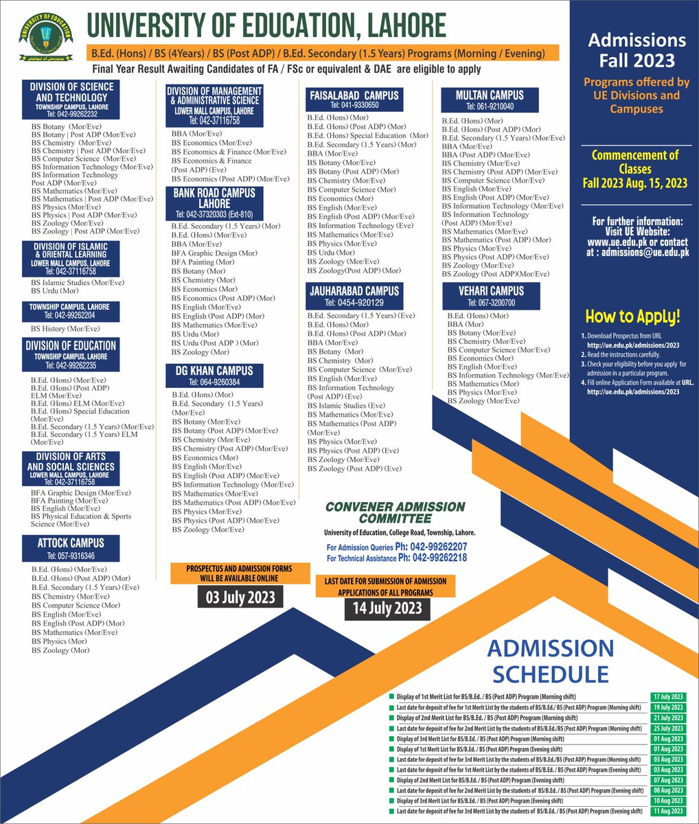 ue_edu_pk's tweet photo. 📷Admissions Fall 2023 Alert: 📷
📷B.Ed. (Hons) / BS (4 Years) / BS (Post ADP) / B.Ed. Secondary (1.5 Years) Programs📷
Admission applications open from July 3rd to July 14th, 2023.📷
📷https://t.co/ocDwqlKpMS 📷04299262207
#UEAdmissionsFall2023 #JoinUELahore #AdmissionsFall2023 https://t.co/Xxwndx02XM