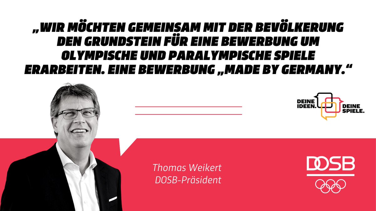 „Deine Ideen, @Deine_Spiele“ heißt unsere #Dialoginitiative zu einer möglichen Bewerbung um Olympische und Paralympische Spiele in 🇩🇪. Es sind alle eingeladen sich aktiv einzubringen. ☝️

Mehr erfahren 👉 
deine-spiele.de
#DeineSpiele #Sportdeutschland