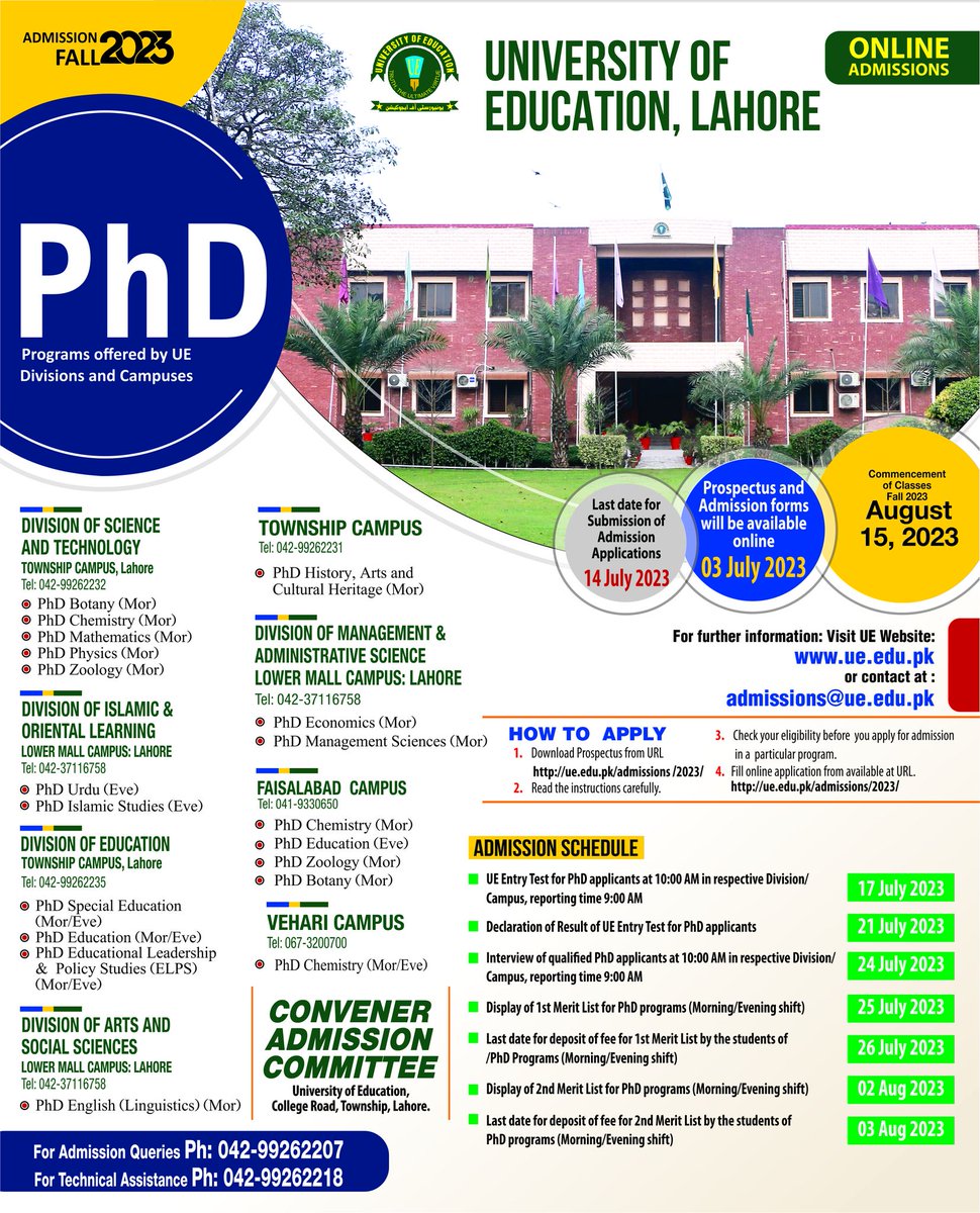 ue_edu_pk's tweet photo. 📷Admissions Fall 2023 Alert: 📷
📷PhD Programs📷
Admission applications open from July 3rd to July 14th, 2023.📷
📷https://t.co/ocDwqlKpMS 📷04299262207
#UEAdmissionsFall2023 #JoinUELahore #AdmissionsFall2023 #AdmissionsAlert #Fall2023Admissions https://t.co/s29a1N2svu