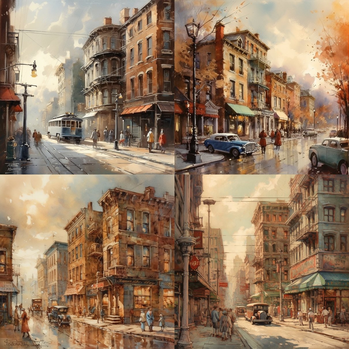 Using the medium of watercolor, the artist captures the essence of "nostalgia" in a captivating painting. Sarah Thompson expertly depicts a scene from a bygone era, depicting a busy street lined with charming old buildings. The color temperature is cool, with soft pastel shades that evoke a feeling of faded memories. The characters' expressions carry a melancholy melancholy, reflecting the sentimental mood. The diffused and subtle lighting casts a subtle glow that adds depth to the painting. This nostalgic watercolor transports viewers to a simpler time, evoking a bittersweet nostalgia for days gone by. --v 5 --stylize 1000