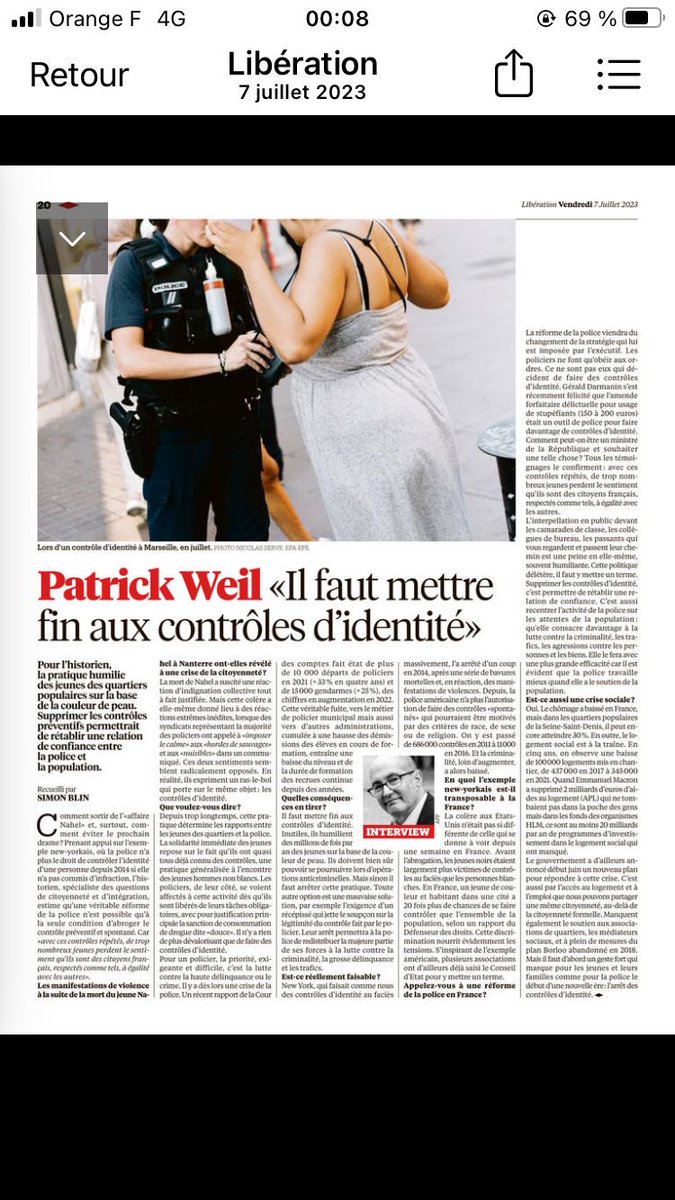 PatrickWeil1's tweet photo. « Il faut mettre fin aux contrôles d’identité » mon entretien dans Libération ce matin https://t.co/cNMzw8hWY2