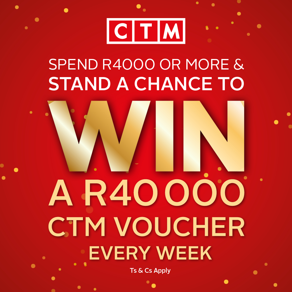 Get ready to WIN BIG!
Create the home you deserve and stand a chance to win a R40,000 CTM Voucher! Simply spend R4,000 or more at CTM to enter. Visit our website now for more details and to participate. Hurry!
Ts&amp;Cs ctm.co.za/40thbirthday-w…
#40YearsOfCTM