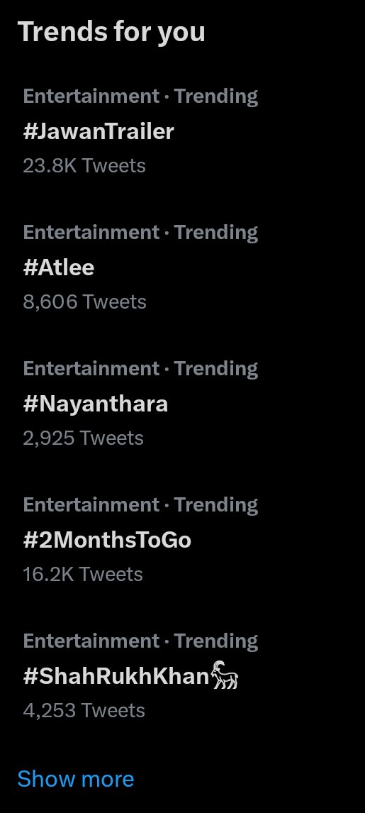 Sweeeeiiiii's tweet photo. We OWN twitter trend table.
1. #JawanTrailer
2. #Atlee
3. #Nayanthara
4. #2MonthToGo
5. #ShahRukhKhan๐ต
6. #2MonthsToJawan
7. #Jawan https://t.co/XKlWQkc6Ro