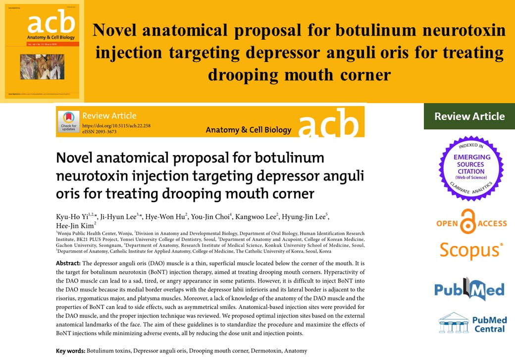AcbjournalO's tweet photo. Novel anatomical proposal for botulinum neurotoxin injection targeting depressor anguli oris for treating drooping mouth corner

https://t.co/Gz5pyfg4UC
Anat Cell Biol 2023; 56(2): 161-165

#대한해부학회 #AnatomyCellBiology
#DroopingMouthCorner #Dermotoxin #Anatomy https://t.co/jUTW9Ir03m