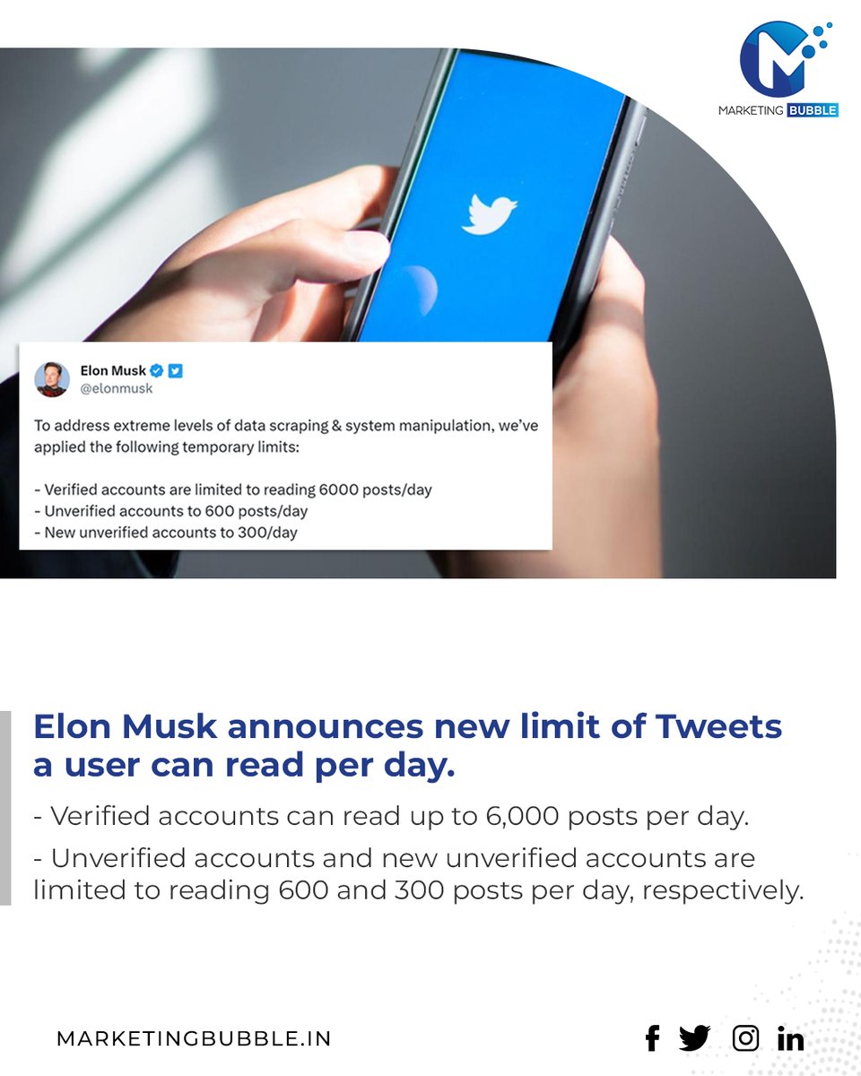 marketingbubbl's tweet image. Elon Musk implements new Twitter limits to combat data scraping &amp;amp; system manipulation.

#ElonMusk #Twitter #TwitterLimit #MarketingBubble