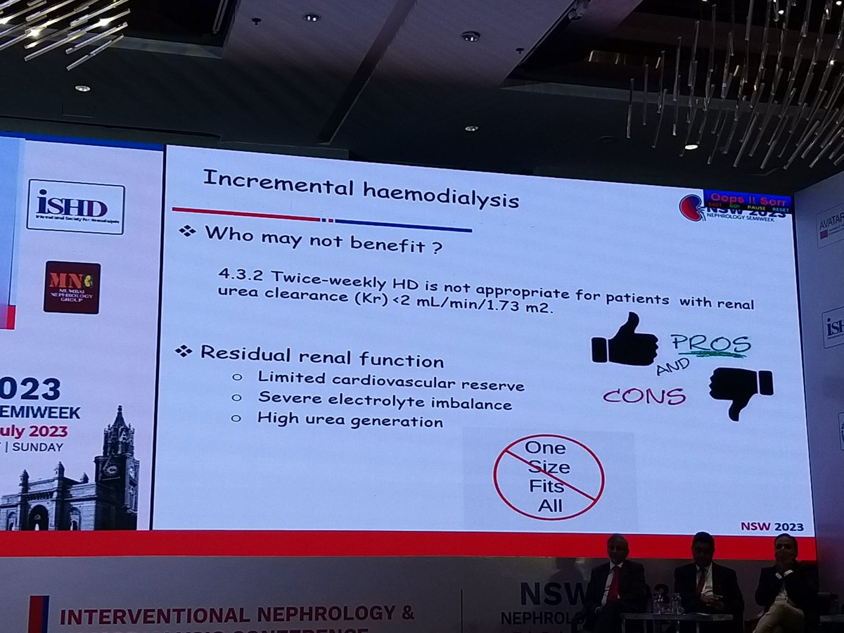 MGallieni's tweet photo. Dr. Davenport's conclusions on incremental hemodialysis. Personalize dialysis treatment: start with twice weekly sessions but go up to four sessions if needed #NSW2023 #AVATAR #ISHD #ISH and Mumbai Nephrology Group https://t.co/blZ1dofkWS