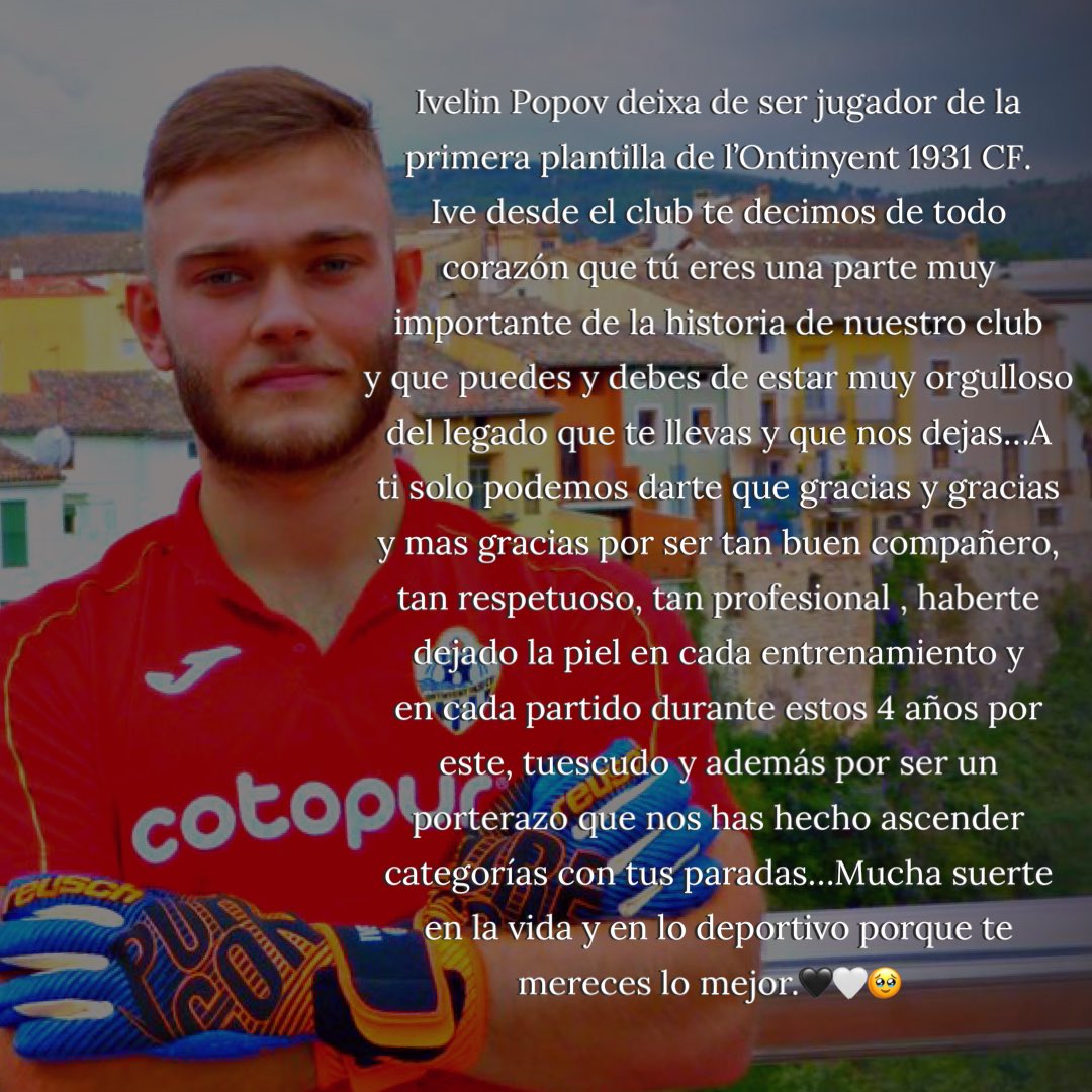 Ivelin Popov deixa de formar part de la nostra plantilla. Sols podem donar que gràcies infinites a uno de la casa. Ha estat des del primer día amb nosaltres i ha sigut heroi dels ascensos de l’equip. Molta sort Ive!! Sempre uno di noi 🥹🧤🖤🤍