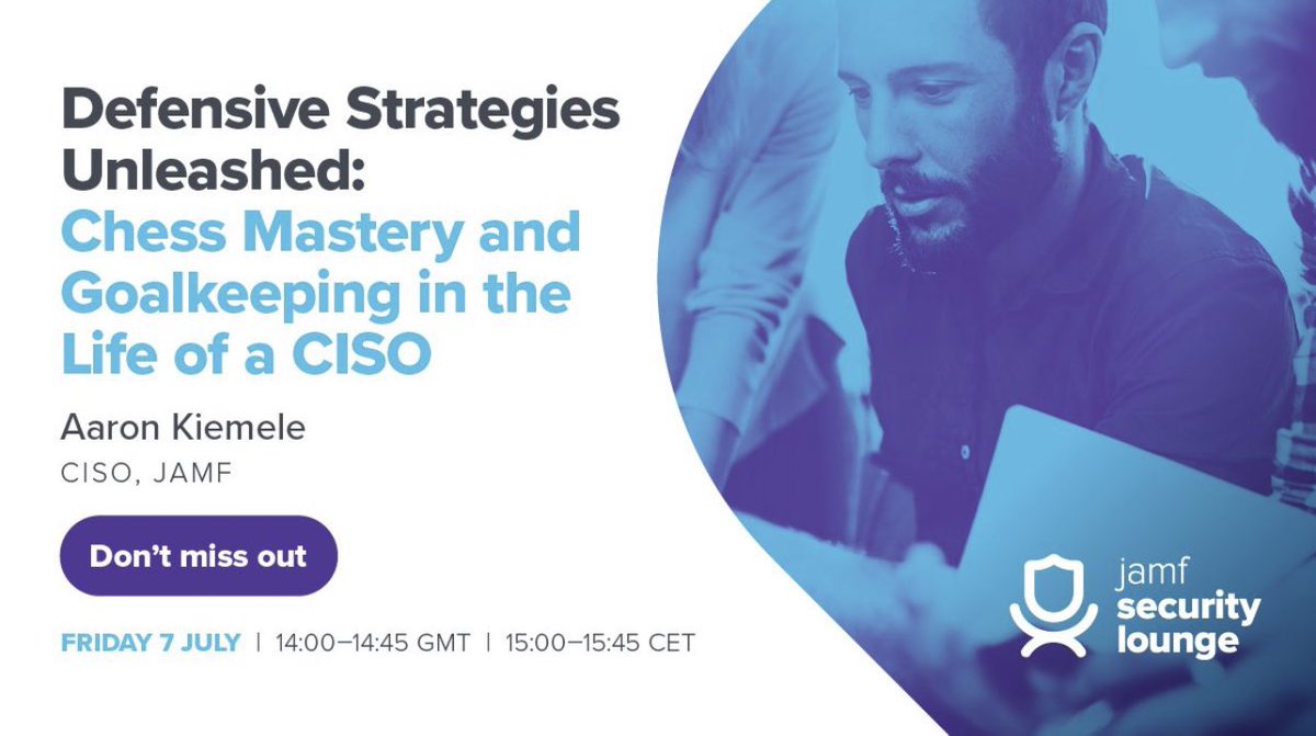 Join me today for our July edition of the #JamfSecurityLounge to hear from our CISO, Aaron Kiemele. We’ll be discussing the current landscape &amp; shed light on why chess mastery &amp; goalkeeping are integral parts of his job.
Register now: ow.ly/QnmL50OZiiI #Jamf #Infosec #ciso