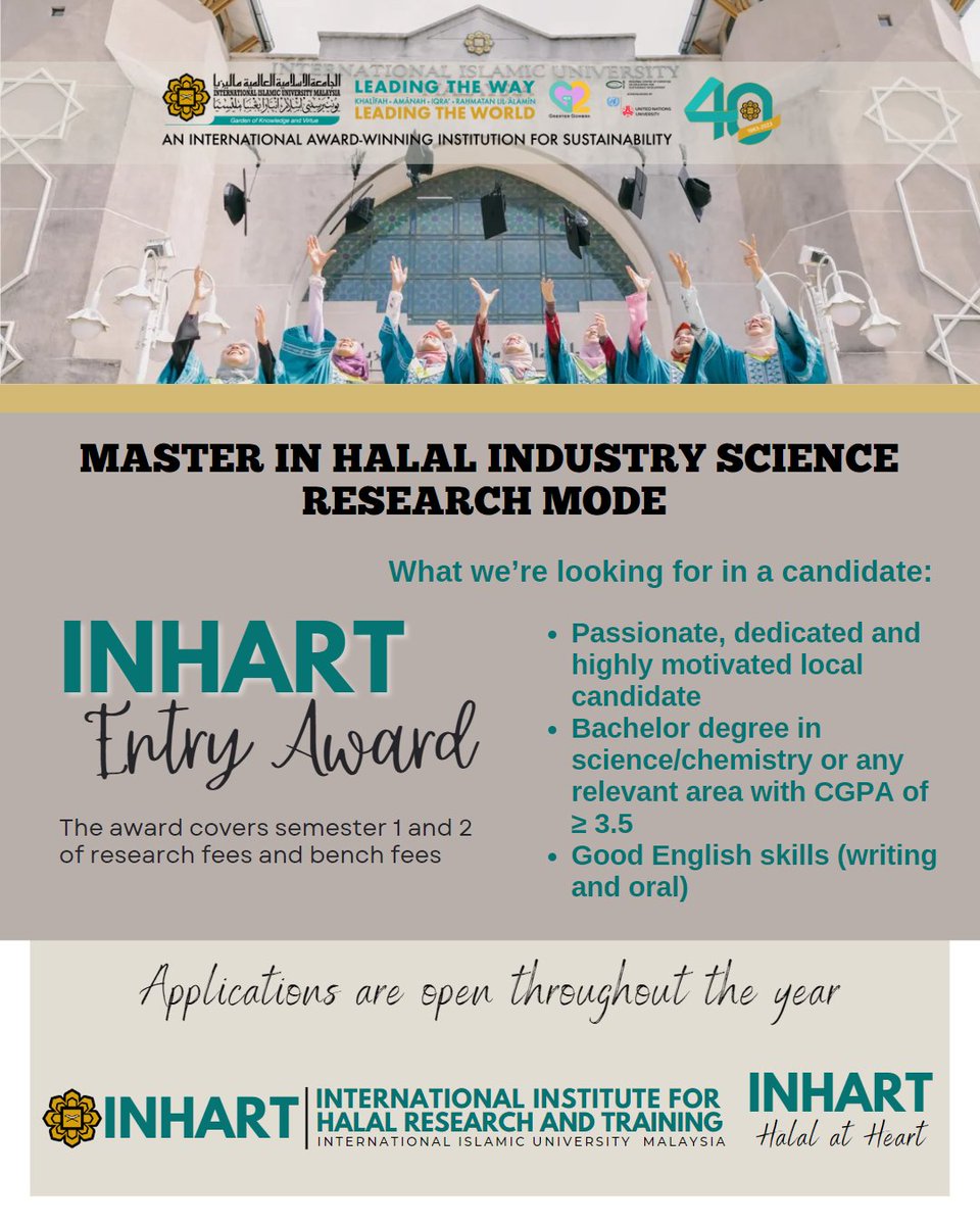 OfficialIIUM's tweet photo. Come join us & be a part of IIUM and the growing Halal Industry! ๐ฌ
We're looking for candidates for Master in Halal Industry Science!
Apply today: https://t.co/wYRnrtgjJS
For inquiries:
inhart@iium.edu.my (email)
#StudyAtIIUM
#IIUM2023 #IIUM40
#LeadingTheWay #LeadingTheWorld https://t.co/EBbvjT3tcT