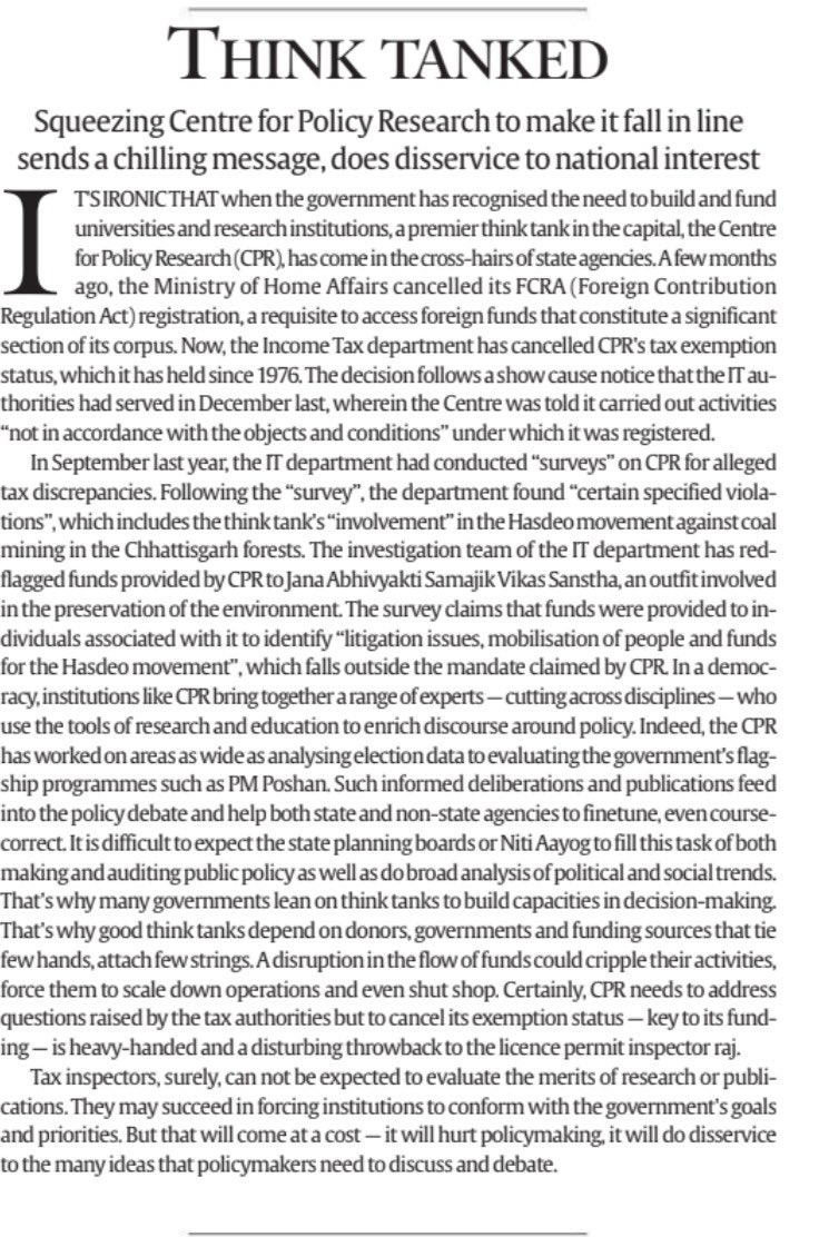 Milan Vaishnav (@milanv) on Twitter photo Strong <a href="/IndianExpress/">The Indian Express</a> edit on the hounding of <a href="/CPR_India/">Centre for Policy Research</a>. There’s really no better reference for the institute’s work than government itself. From climate to foreign policy, social protection to urbanization—the center and the states have made ample use of its expertise. Strong <a href="/IndianExpress/">The Indian Express</a> edit on the hounding of <a href="/CPR_India/">Centre for Policy Research</a>. There’s really no better reference for the institute’s work than government itself. From climate to foreign policy, social protection to urbanization—the center and the states have made ample use of its expertise.