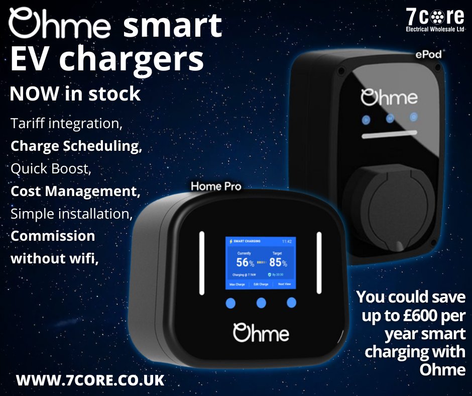 7coreelectrical's tweet photo. Ohme chargers now in stock!! 🎉🤩
Save up to £600 a year when you charge with Ohme AND simplify your life by utilising the commission without wifi feature 🤯
Contact your local branch for prices 🛠
🔵
🔵
#ev #ohme #carcharger #electricalwholesale #electrician #sparky #iba https://t.co/186myPSBft